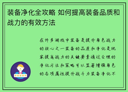 装备净化全攻略 如何提高装备品质和战力的有效方法 装备净化全攻略 如何提高装备品质和战力的有效方法